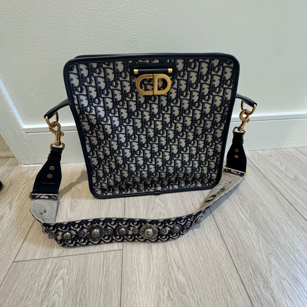 Dior Navy and Ivory Monogram CD Crossbody Bag with Embellished Strap